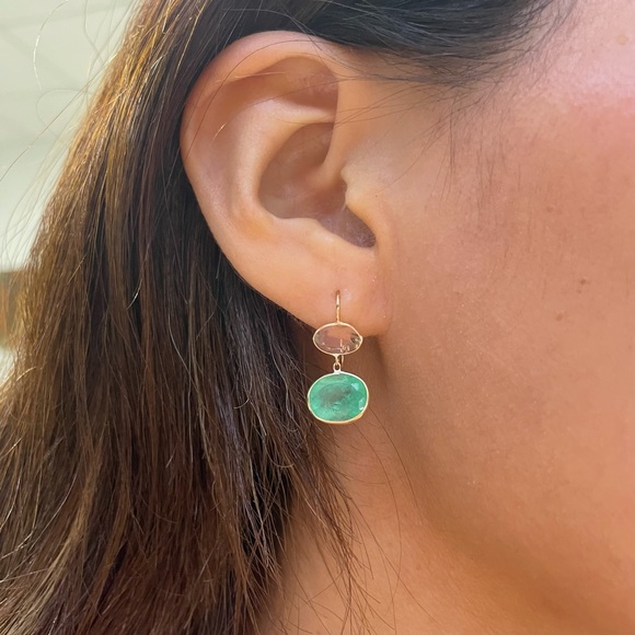 Emerald and White Sapphire Earrings in solid 14k Yellow Gold - Picture 5 of 5